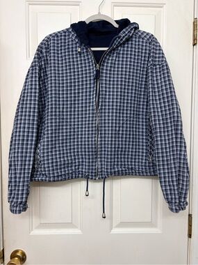Vintage Reversible Plaid Navy Hooded Jacket Women's L-XL Drawstring Waist Crop